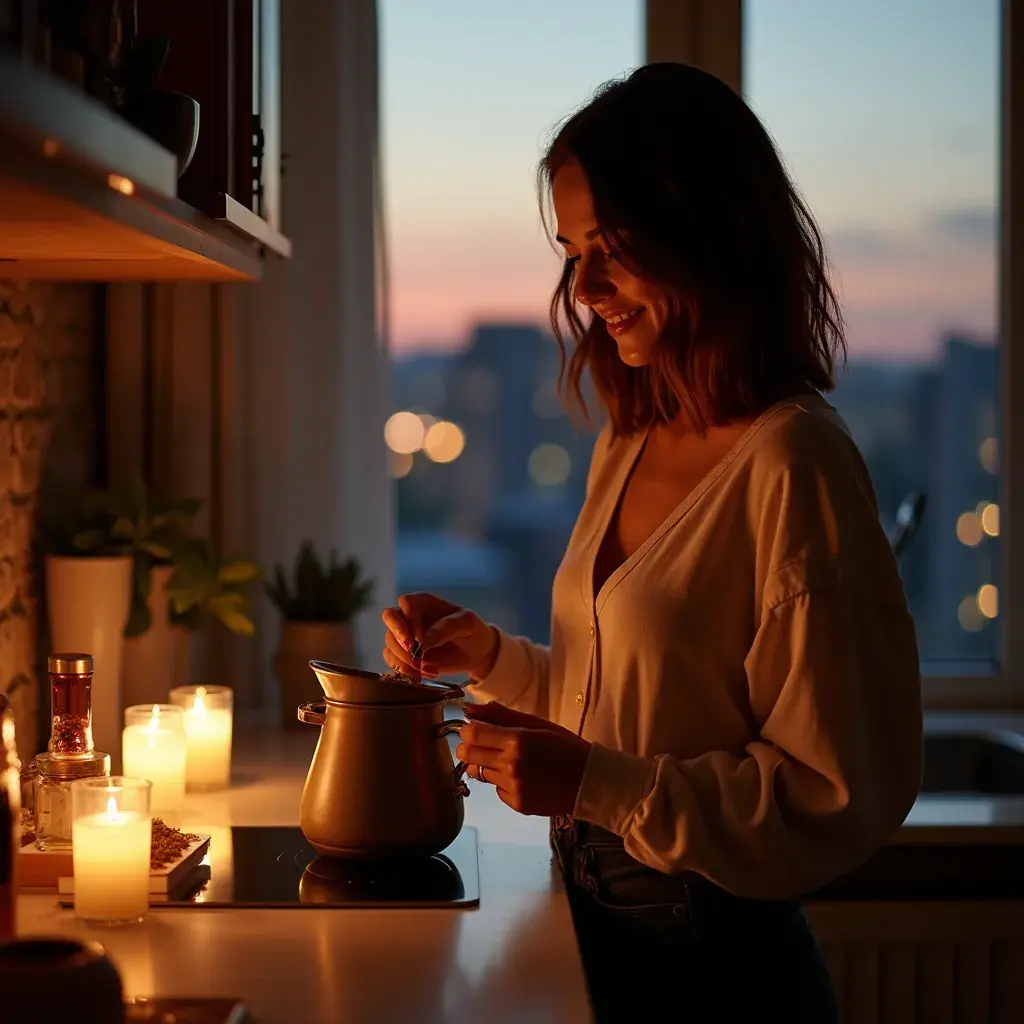 Éléments de décoration de table liés à la santé, comprenant une tasse de thé et des herbes fraîches.